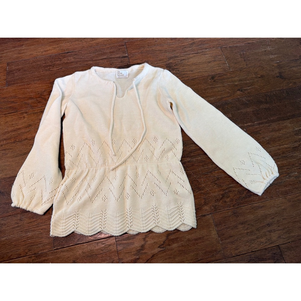 Vintage Its Pure Gould Cream Pointelle Peplum Knit Tie Neck‎ Top Scalloped Hem